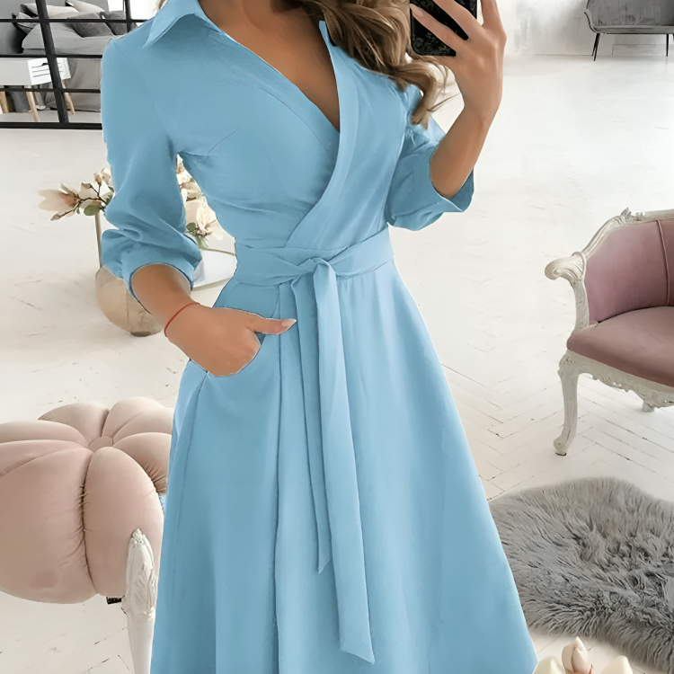 Women's Wrap Dress - V-Neck - Self-Tie Waist - 3/4 Sleeve - Flowy A-Line Silhouette 1