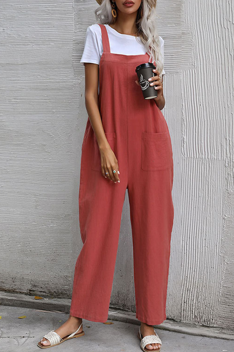 Women's casual plain pocket button straight jumpsuit 0