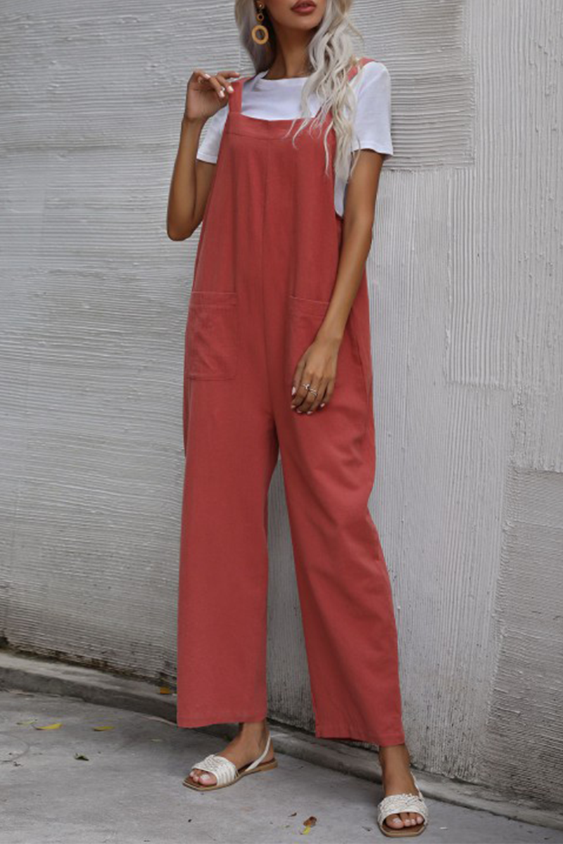Women's casual plain pocket button straight jumpsuit 1
