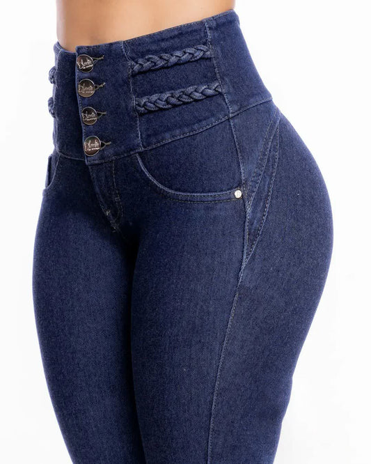 High-Waisted Black Skinny Jeans for Women with Unique Button Detail – Soft Shaping Denim Pants-1