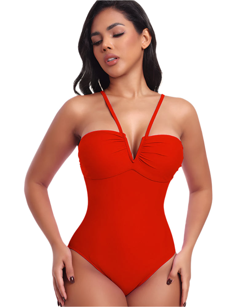 Elegant Halter Neck One Piece Swimsuit with Tummy Control and V-Shaped Cut for Flattering Fit-3