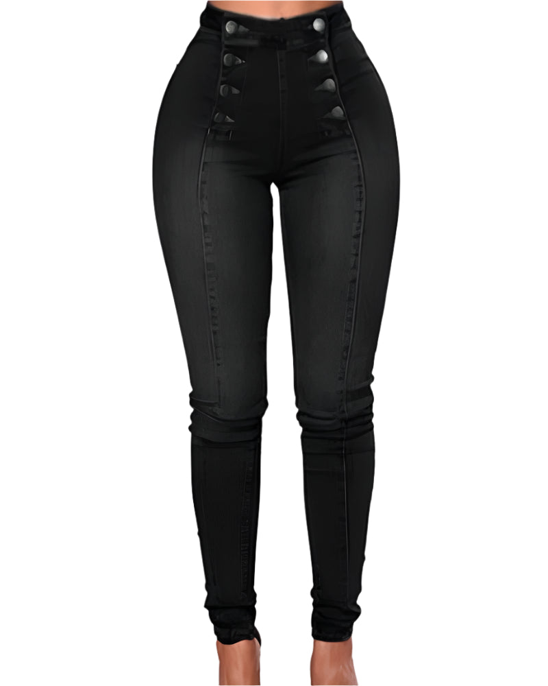 Slim-Fit Stretch Jeans with High Waist and Double-Breasted Multi-Button Design – Comfortable Denim Pants-1