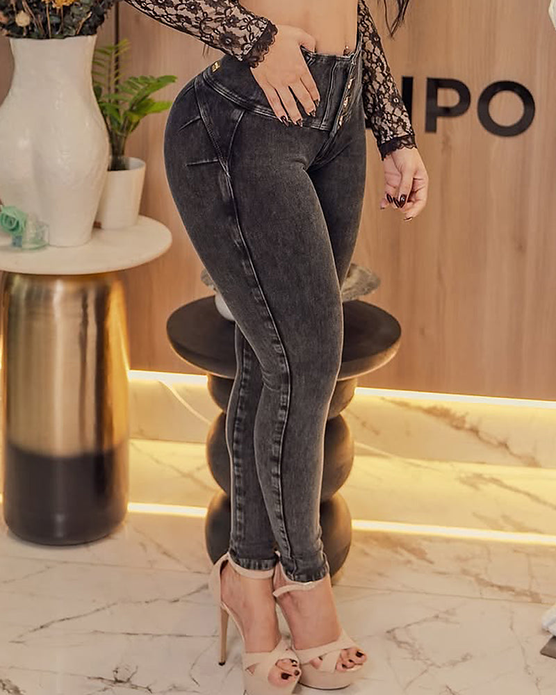 High Waist Distressed Skinny Jeans for Women with Multi-Button Design – Stretch Denim Fashionable Fit