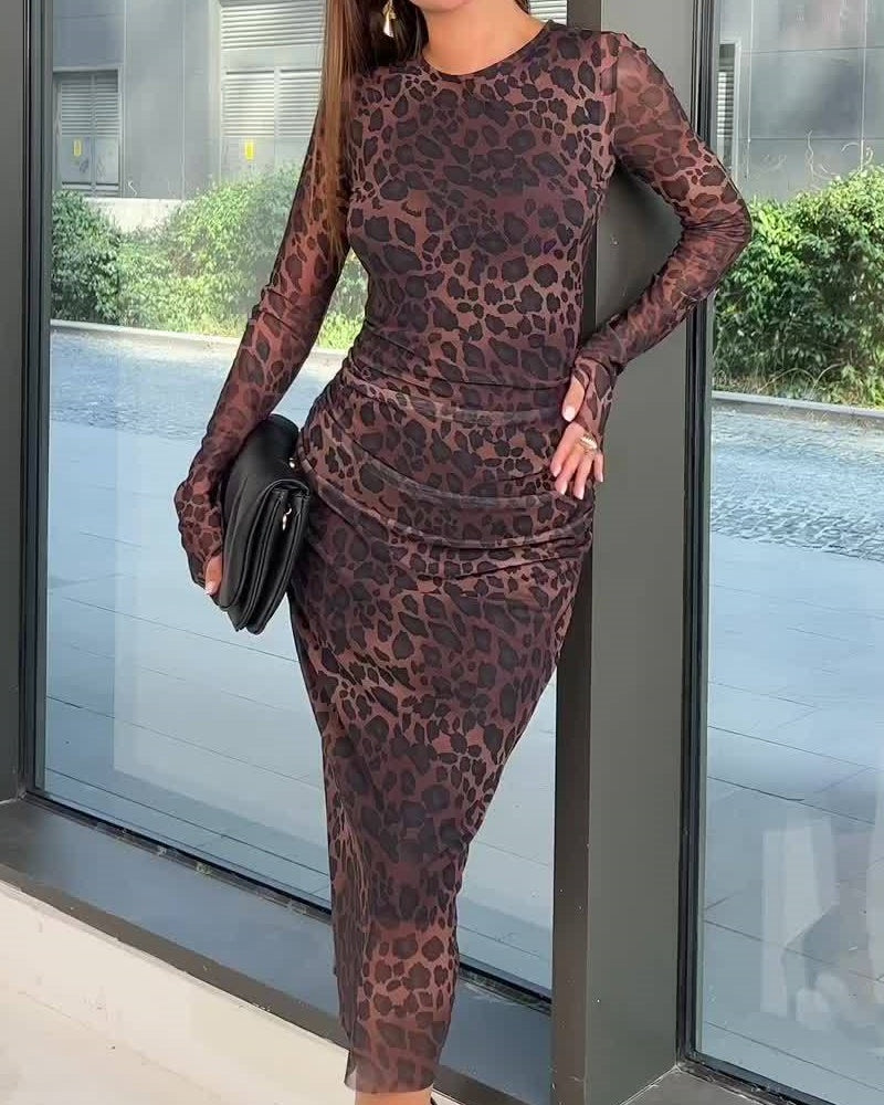 Women's Bodycon Midi Dress Leopard Print Size M Polyester-1