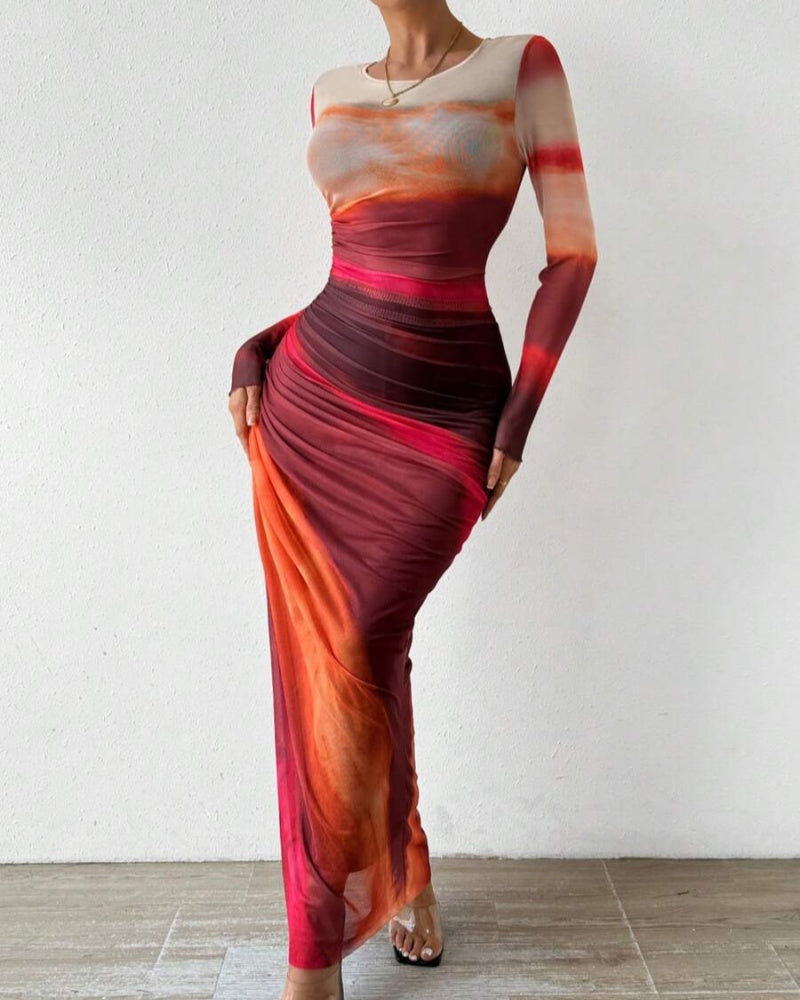 Variant image for Chic Gradient Long Sleeve Bodycon Dress in High Elastic Mesh – Comfortable Fit for Effortless Elegance-6