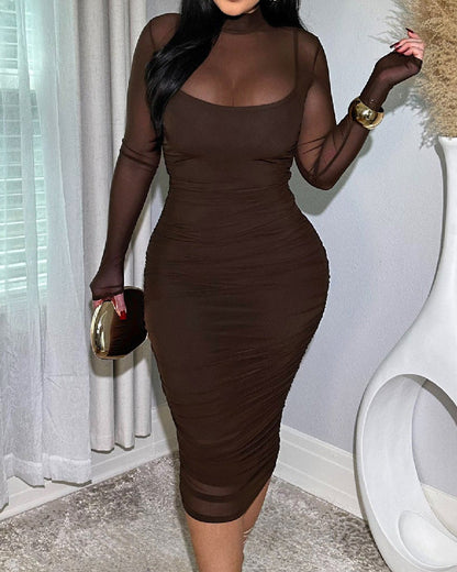Variant image for Elegant Women's Midi Bodycon Dress with Ruched Mesh and Mock Neck – Black Cocktail Dress for Special Occasions-6