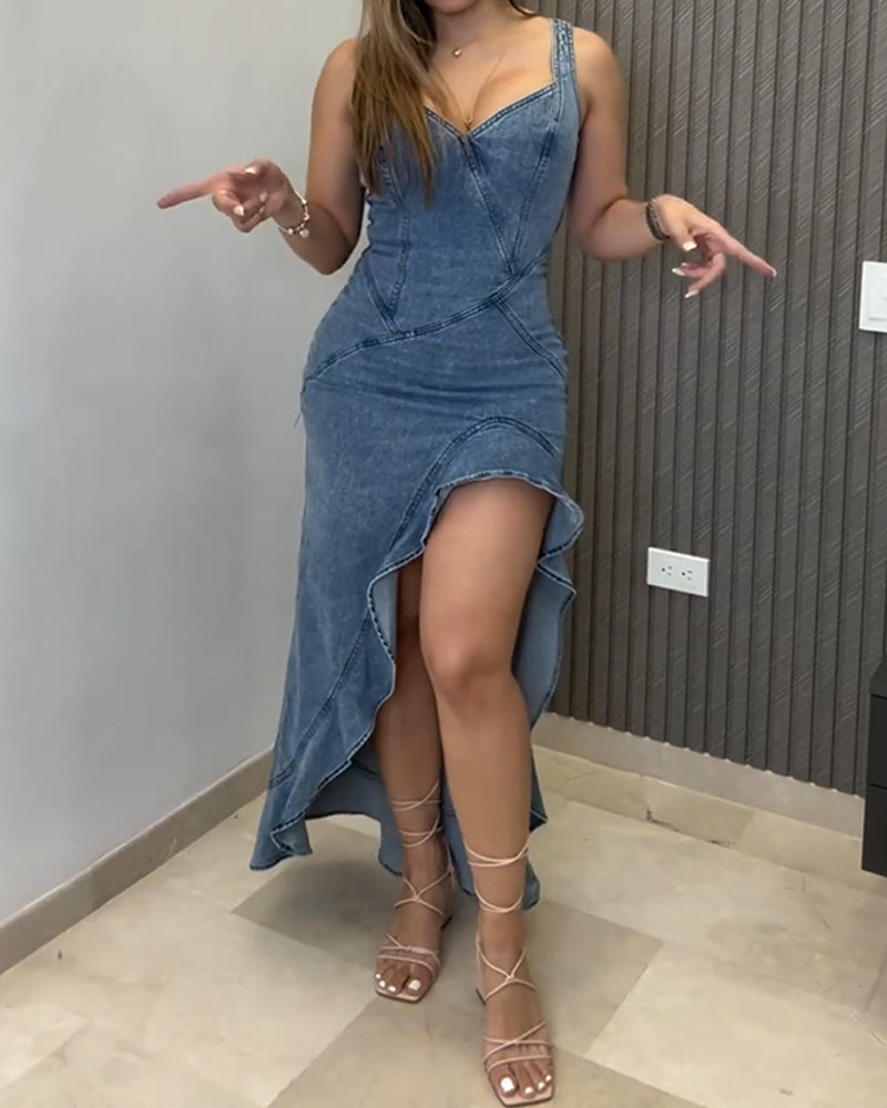 Low-Cut Denim Dress for Women with Elastic Sides – Stylish Sleeveless Jean Dress for Casual and Formal Occasions-4