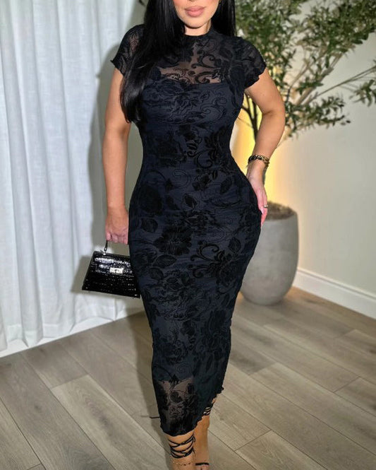 Women's Sheer Mesh Bodycon Dress with Retro Print – Slim Fit, Comfortable and Stylish for Parties and Casual Outings-1