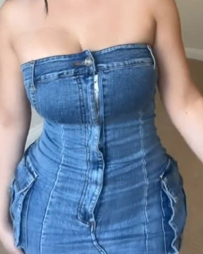 Strapless Denim Bodycon Mini Dress with Front Zipper and Cargo Pockets – Stretch Fabric for Comfortable Fit-3