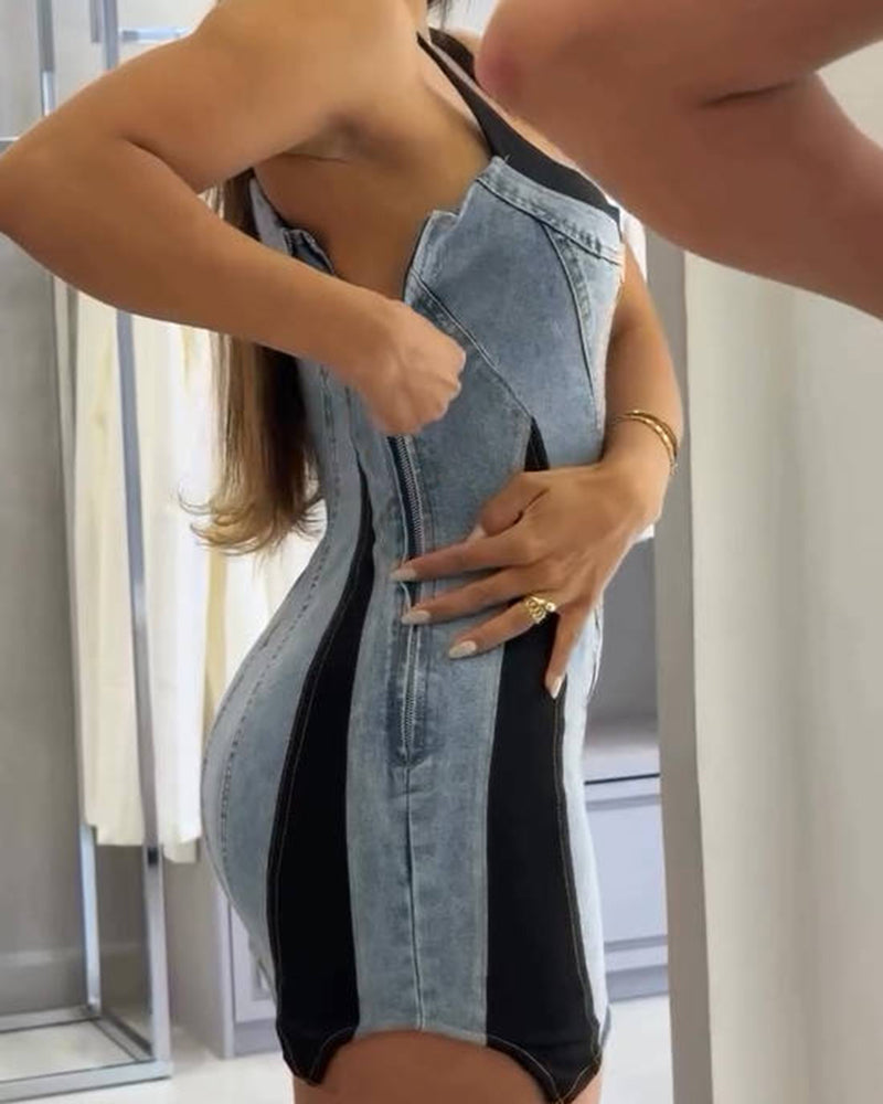 Bodycon Mini Denim Dress for Women with Contrast Color, Backless and Sleeveless Suspender Design – Summer Fashion Essential-3
