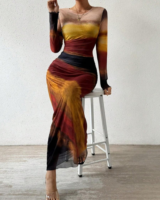 Chic Gradient Long Sleeve Bodycon Dress in High Elastic Mesh – Comfortable Fit for Effortless Elegance-1
